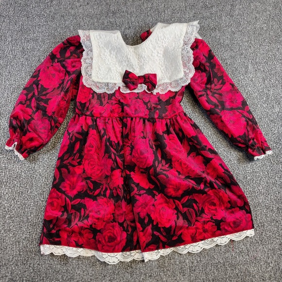 Other - Vintage Girls Red Floral Lace Dress Long Sleeve  Velvet size 6